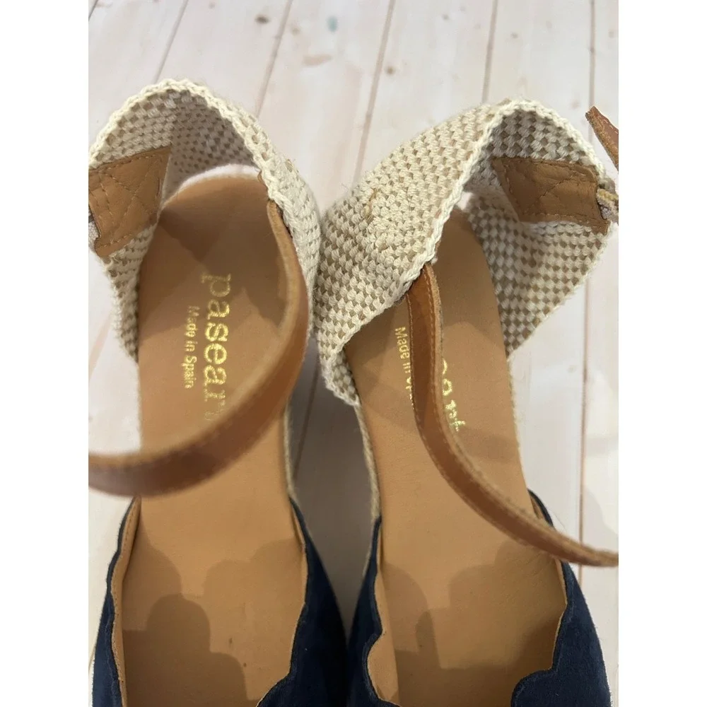 Paseart Blue Leather Suede Espadrille Wedge Sandals Womens Size 39 Slingback